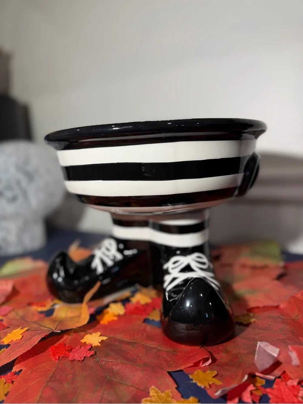 Mackenzie Child’s inspired Black and White Striped Ceramic Feet Halloween Bowl